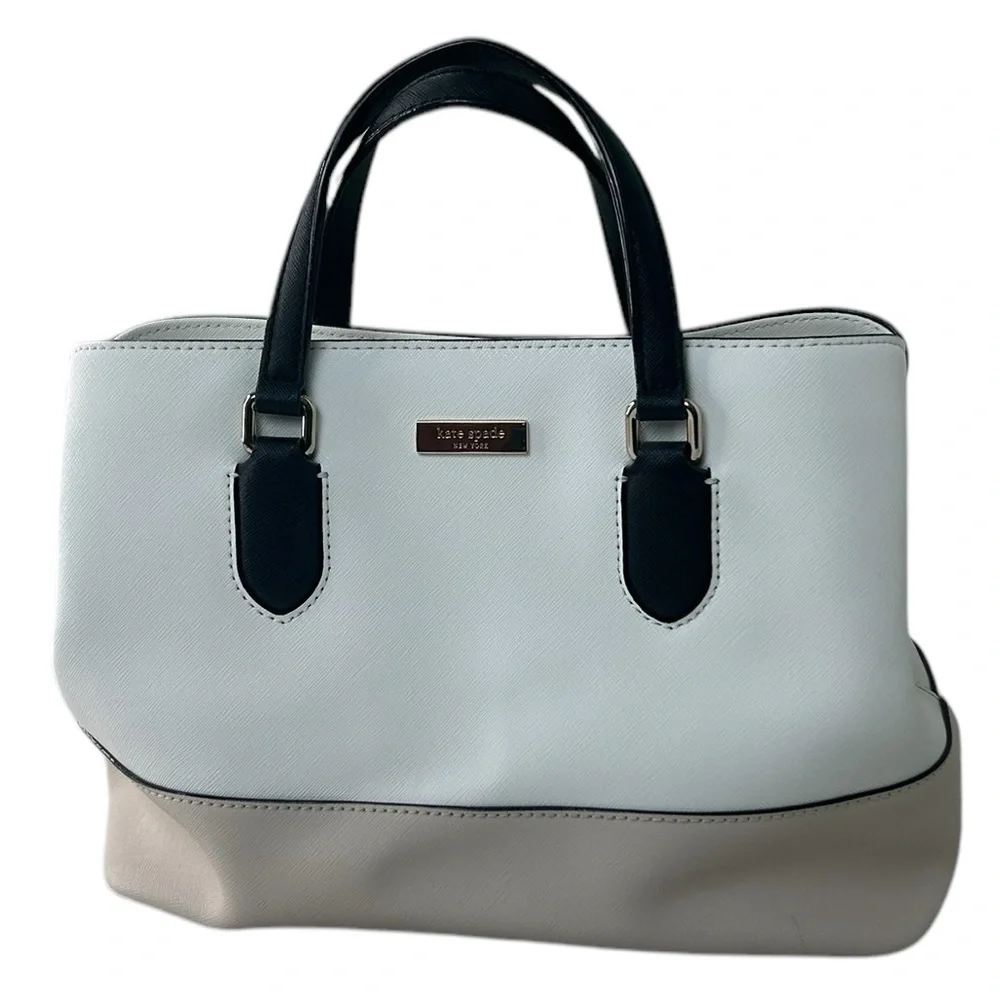 Kate Spade Laurel Way Evangelie Tote Cream Nude Black Straps Gold Satchel Bag